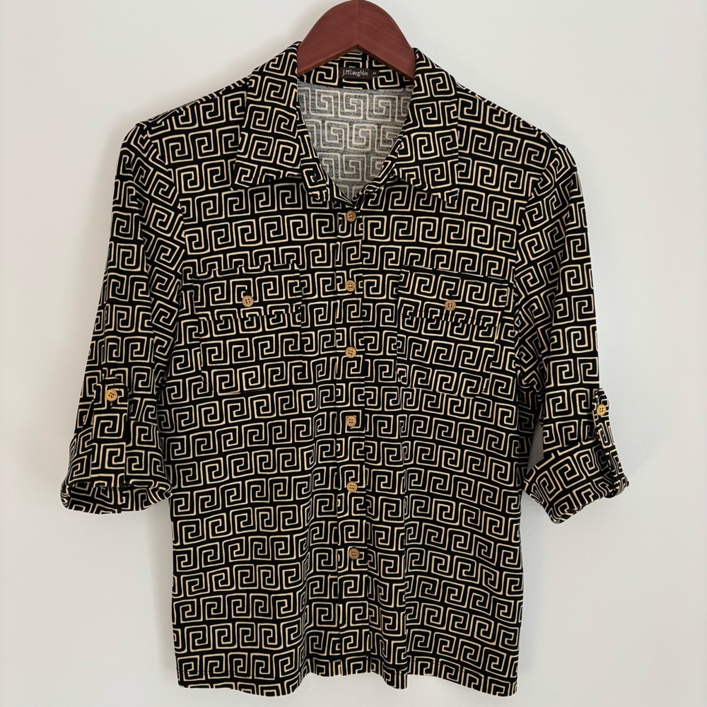 J MCLAUGHLIN | Brown Geometric Print Chic Elegant Silk Button Up Blouse | Size M